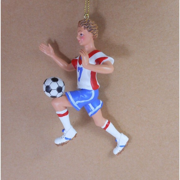Silver Tree Ornament Male Soccer Player Christmas Red White Blue - Picture 2 of 4